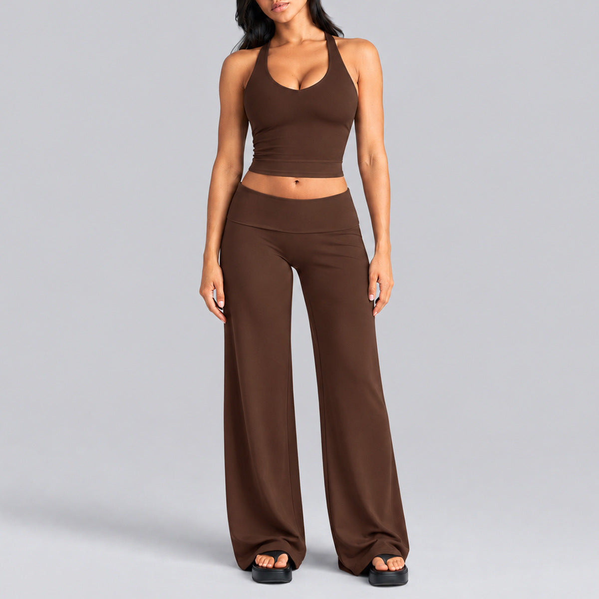 Wholesale Women’s Activewear Set | Quick-Dry Racerback Sports Tank & Relaxed Workout Trousers | fouregg - Tank Top + Long Pants, Dark Coffee Brown