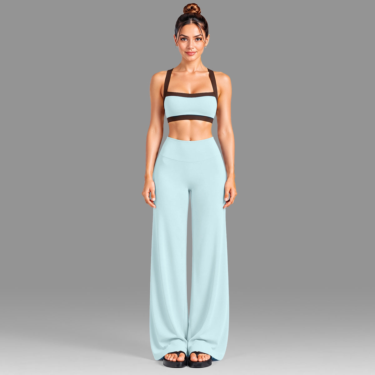 Wholesale Women’s Activewear Set | Color-Block Workout Bra & Low-Waisted Casual Fitness Pants | fouregg - Underwear + Pants Light Blue
