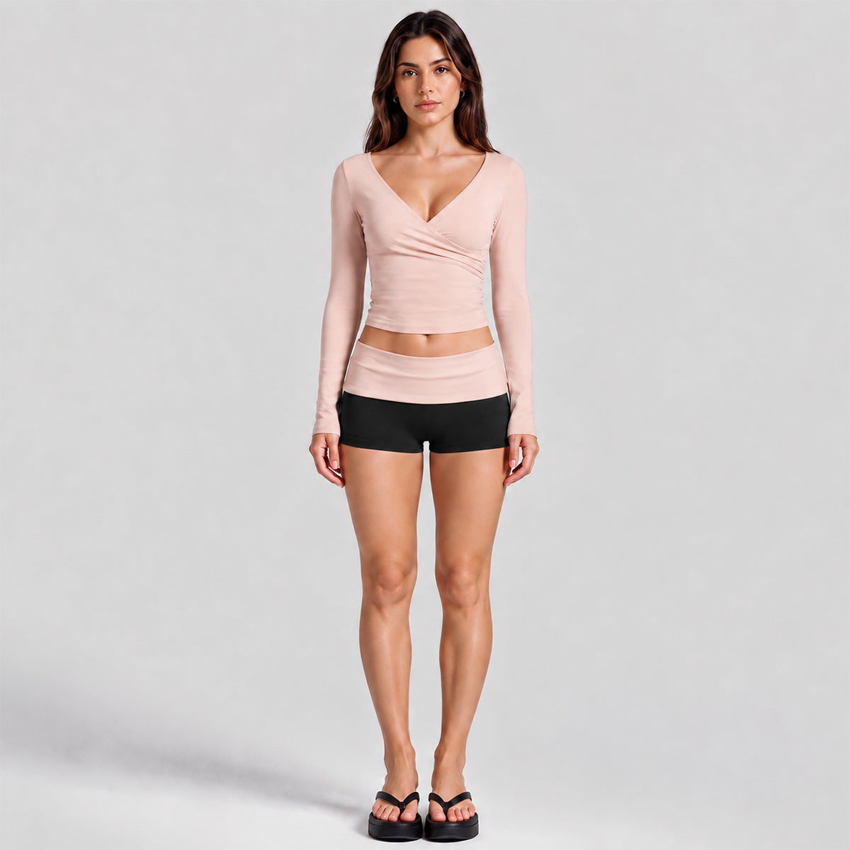 Wholesale Women’s Activewear Set | Quick-Dry Long Sleeve Off-Shoulder Top & High-Waisted Workout Pants | fouregg - Long Sleeve + Shorts, Gray Pink