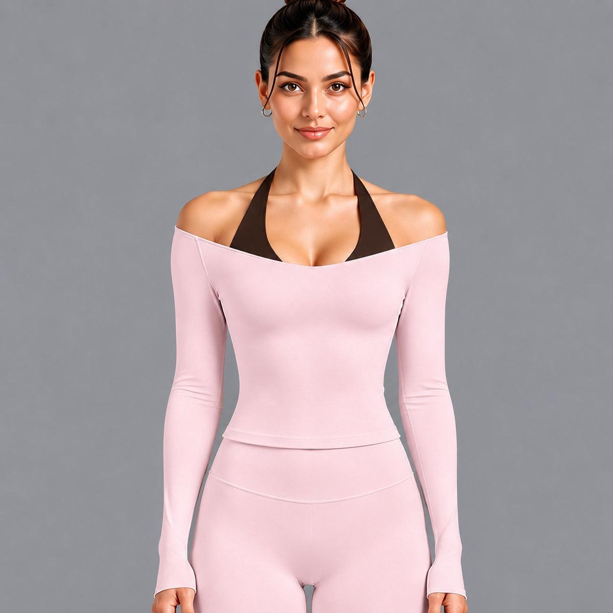 Wholesale Women’s Activewear Set | Double-Layer Halter Sports Top & Breathable Fitness Leggings | fouregg - 6278 Long Sleeve Light Pink