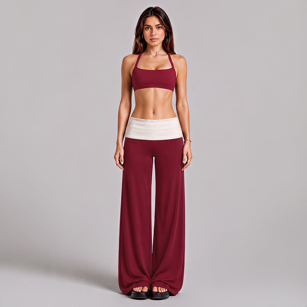 Wholesale Women’s Activewear Set | Workout Bra & Loose-Fit Color-Block Yoga Trousers | fouregg - Pants + Underwear, Rumba Red