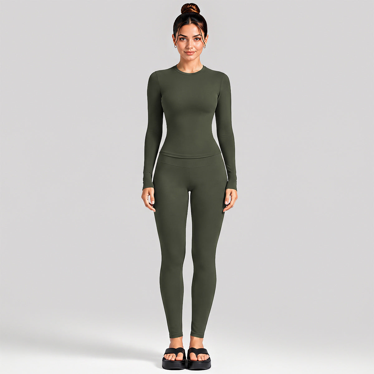 Wholesale Women’s Activewear Set | Fitted Long Sleeve Tee & Loose Straight-Leg Workout Trousers | fouregg - Long Sleeve + Leggings, Olive Green