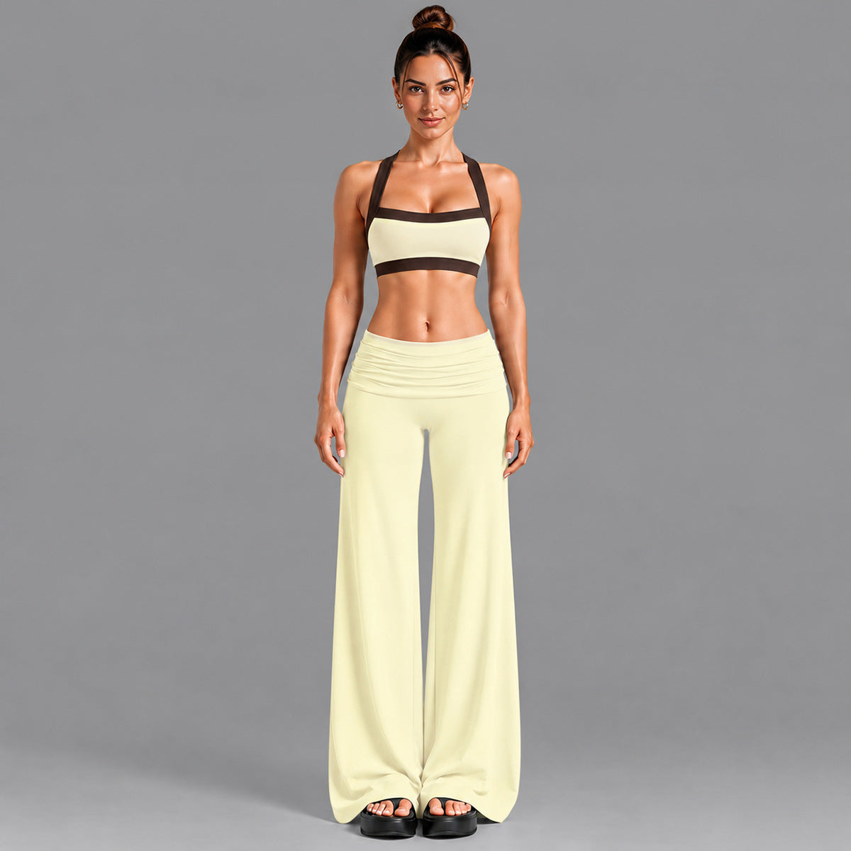 Wholesale Women’s Activewear Set | Contrast-Color Yoga Bra & Pilates Fitness Pants | fouregg - 6231 Underwear + 6090 Long Pants Cream Yellow