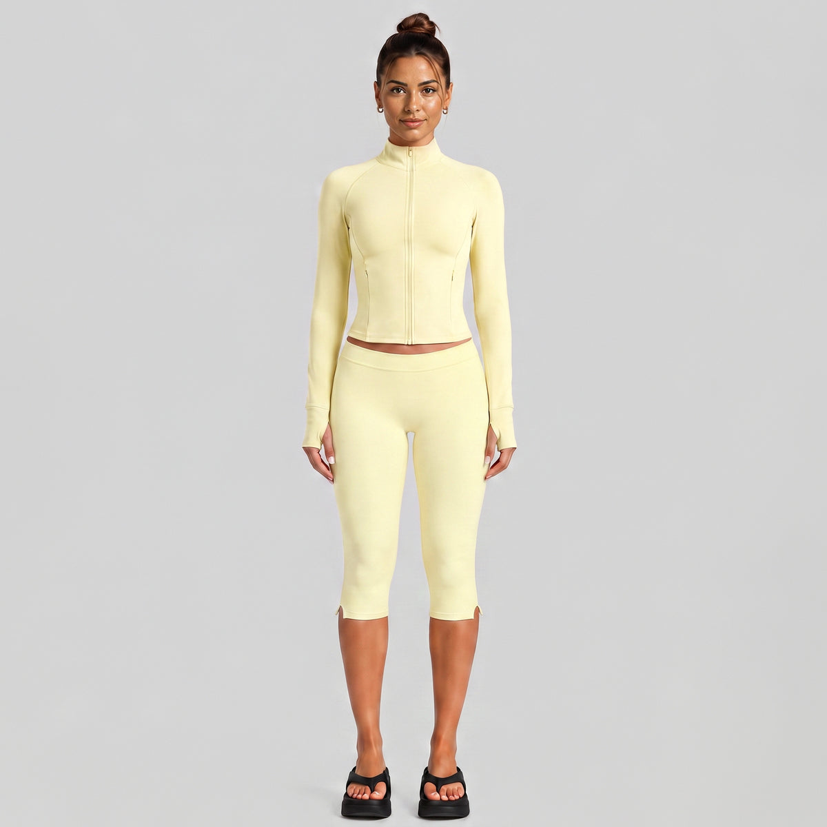 Wholesale Women’s Casual Tracksuit | Fitted Zip-Up Jacket & Versatile Outdoor Running Outfit | fouregg - Cream Yellow