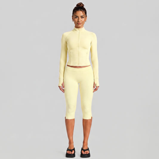 Wholesale Women’s Casual Tracksuit | Fitted Zip-Up Jacket & Versatile Outdoor Running Outfit | fouregg - Cream Yellow
