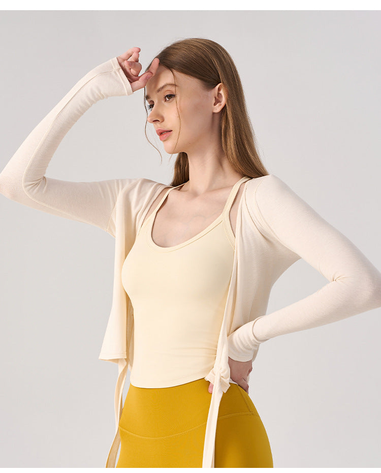 Wholesale Women’s Wrap Yoga Top | Thin Long-Sleeve Crossover Cardigan for Pilates & Activewear | fouregg