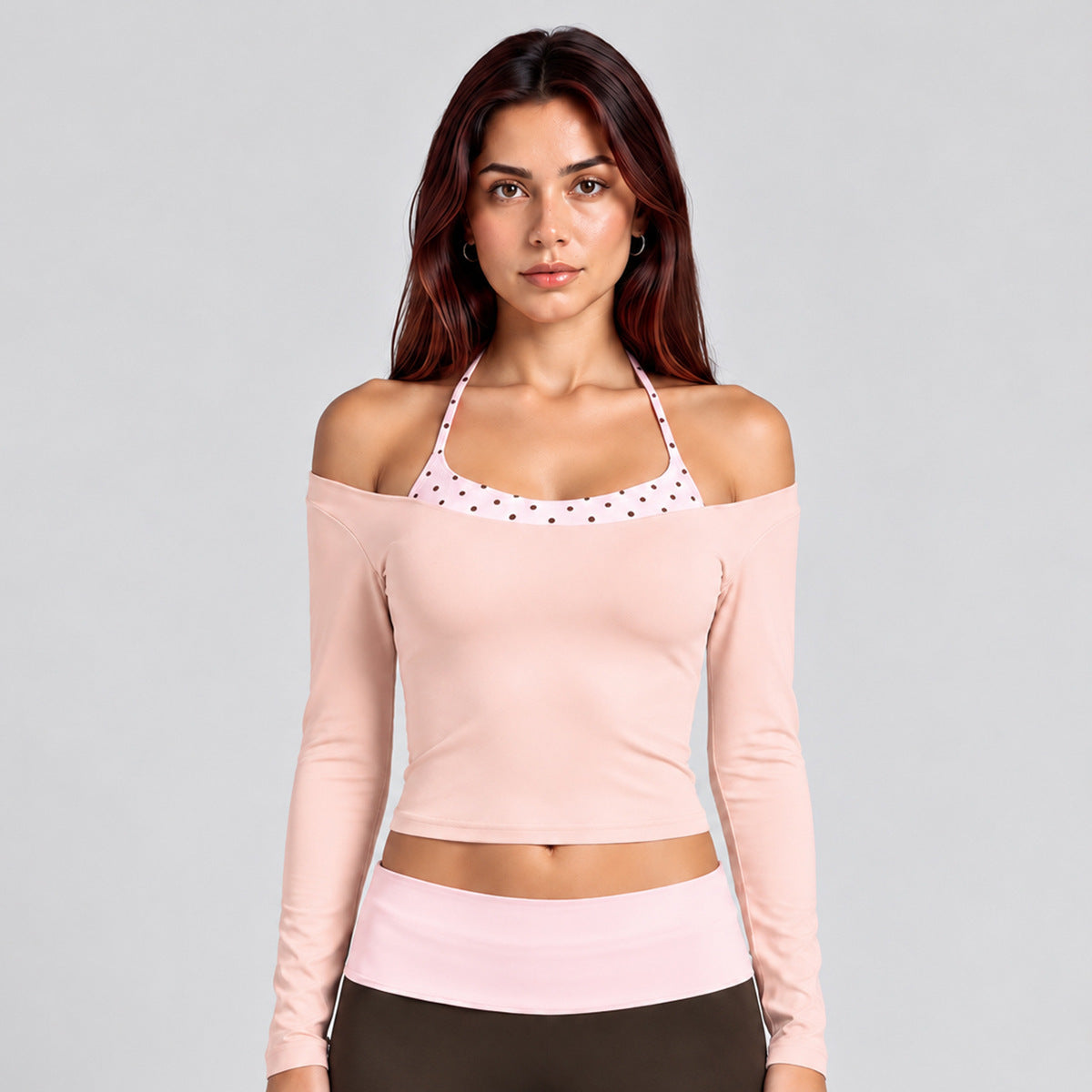 Wholesale Women’s Activewear Set | Long Sleeve Mock-Layer Halter Top & Straight-Leg Yoga Pants | fouregg - Long Sleeve Gray Pink with Pink Brown Dots