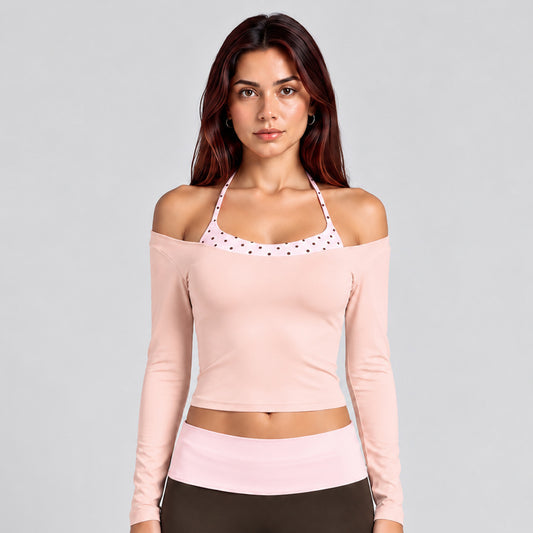 Wholesale Women’s Activewear Set | Long Sleeve Mock-Layer Halter Top & Straight-Leg Yoga Pants | fouregg - Long Sleeve Gray Pink with Pink Brown Dots