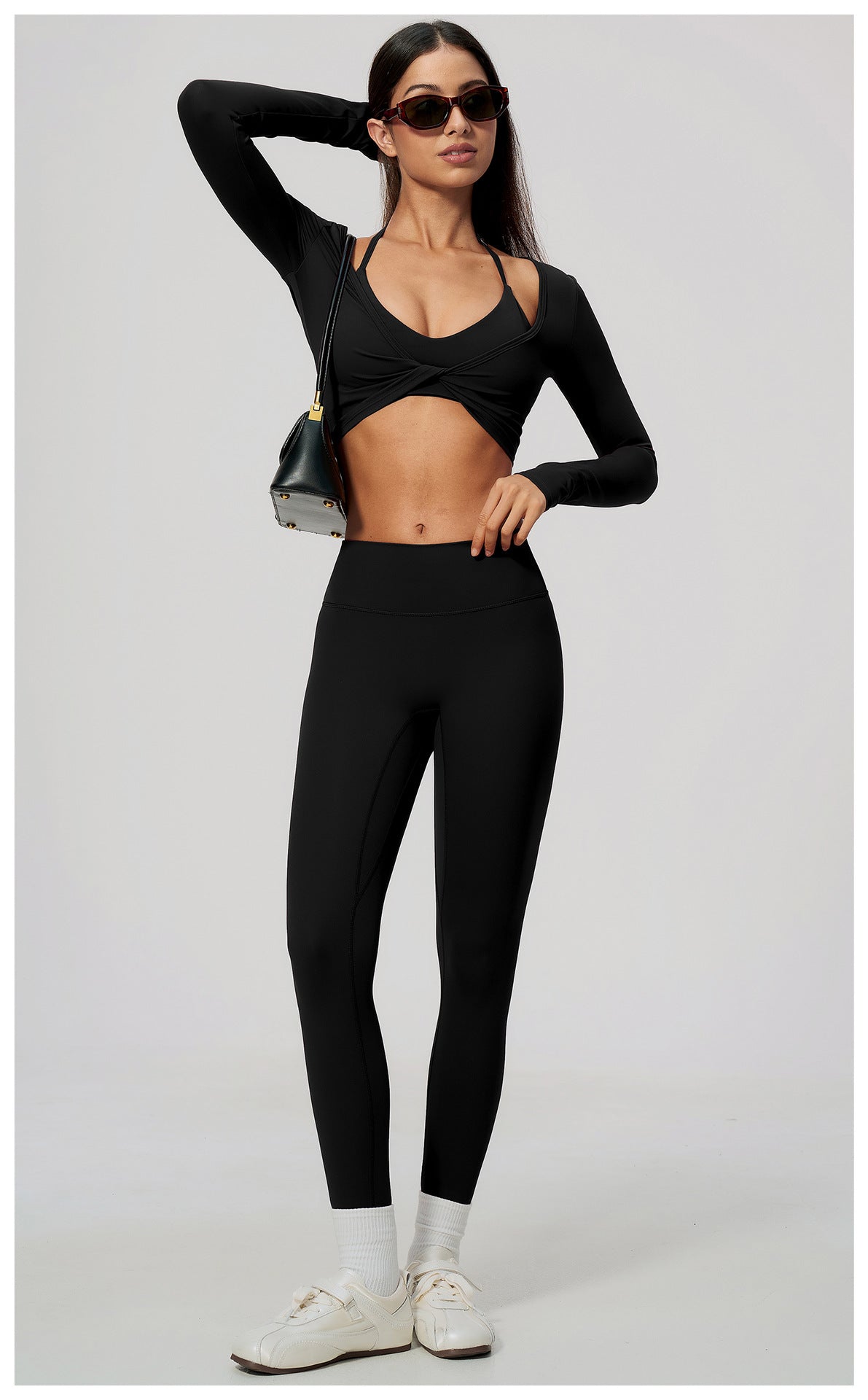Wholesale Women’s Brushed Activewear Set 5529 | Slim-Fit Halter, Stand-Collar Jacket & Sculpting Pants | fouregg