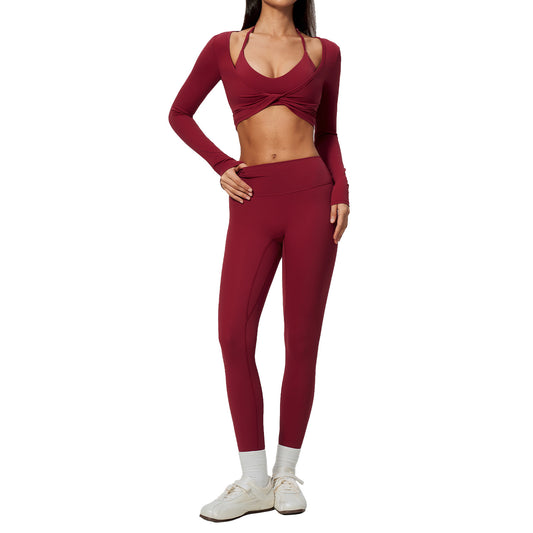 Wholesale Women’s Brushed Activewear Set 5529 | Slim-Fit Halter, Stand-Collar Jacket & Sculpting Pants | fouregg