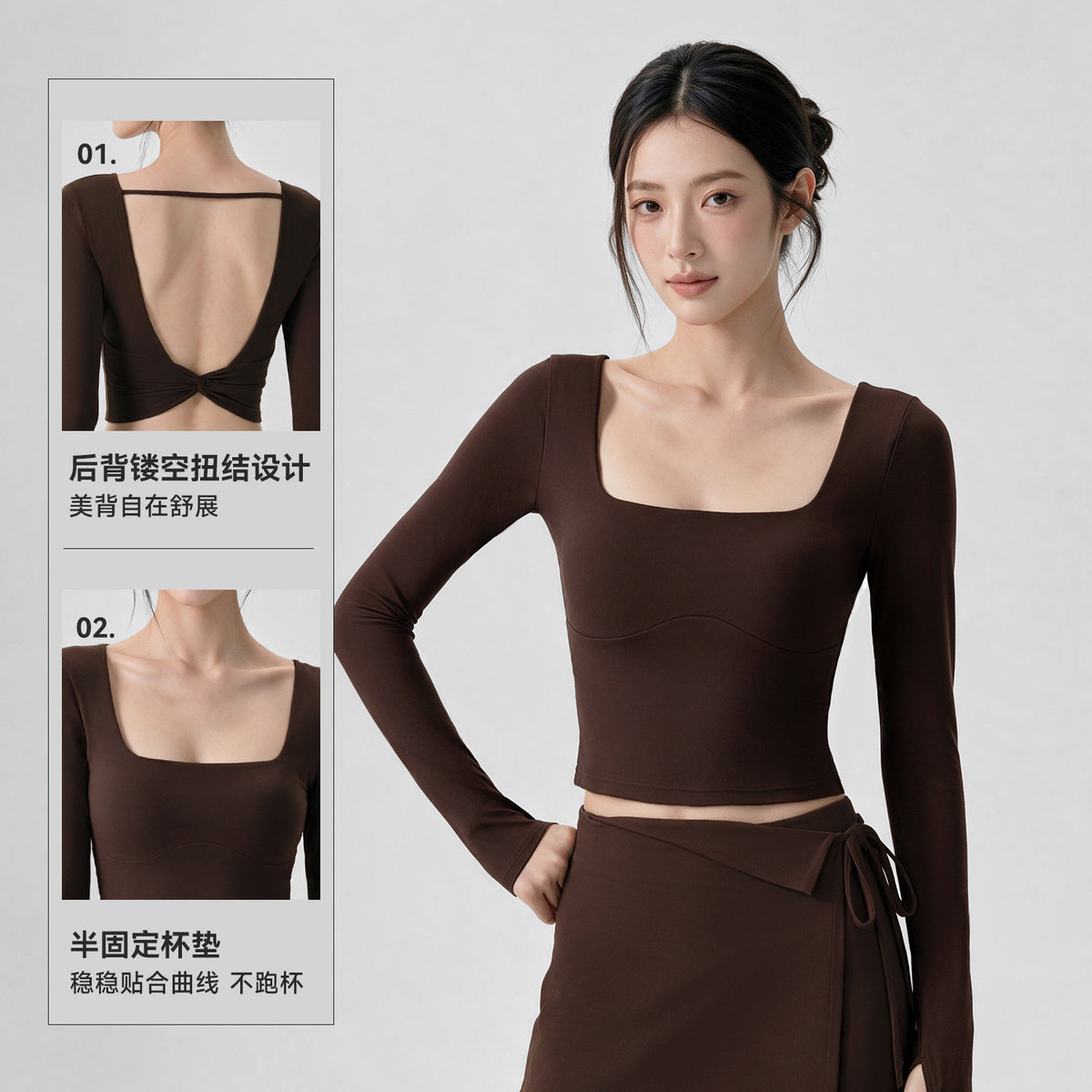 Wholesale Women’s Cropped Yoga Top | Built-In Cups & Slim-Fit Long Sleeve Activewear | fouregg