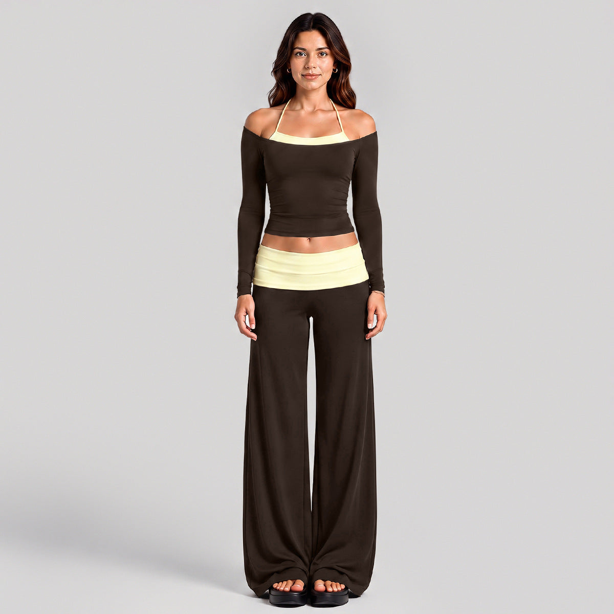 Wholesale Women’s Activewear Set | Long Sleeve Mock-Layer Halter Top & Straight-Leg Yoga Pants | fouregg - Long Sleeve and Pants Root Brown with Cream Yellow