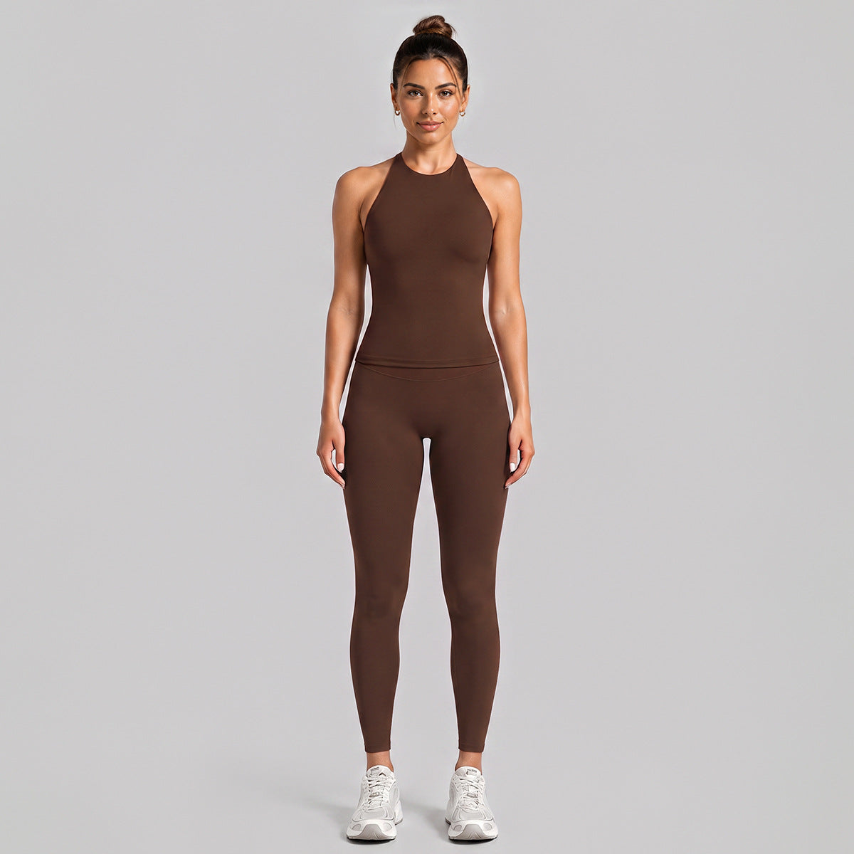 Wholesale Women’s Activewear Set | Slimming Sports Tank & Loose-Fit Workout Pants | fouregg - Fitted Long Set, Dark Coffee Brown
