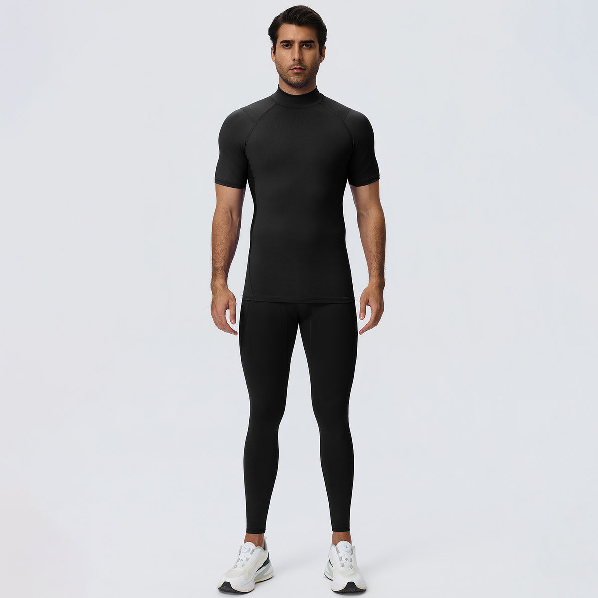 Wholesale Men’s Sculpting Workout Set | High-Stretch T-Shirt & Slim-Fit Fitness Pants | fouregg - Black