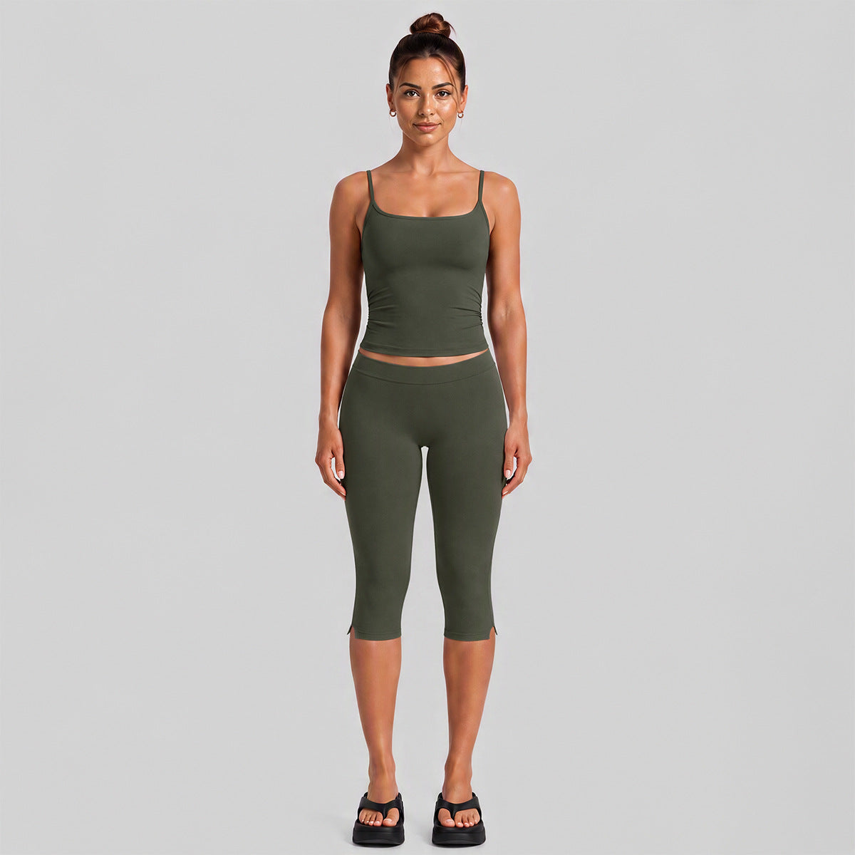 Wholesale Women’s Quick-Dry Activewear Set | Slim-Fit Dual-Strap Tank Top & 3/4-Length Cycling Pants | fouregg - Olive Green