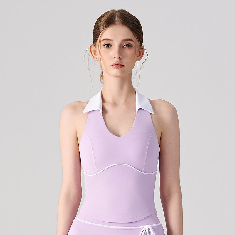 Wholesale Women’s Halter Polo Tank Top | Bulk Breathable Padded Yoga & Fitness Wear | fouregg - Bell Purple