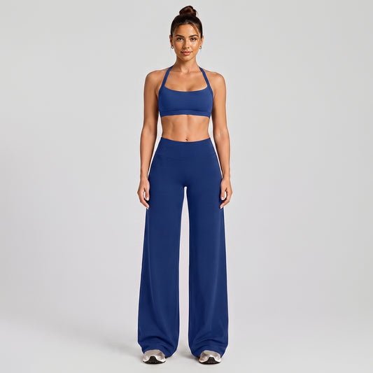 Wholesale Women’s Activewear Set | Halter Neck Sports Bra for Running, Cycling & Pilates | fouregg - Wide-Leg Long Set, Dark Blue