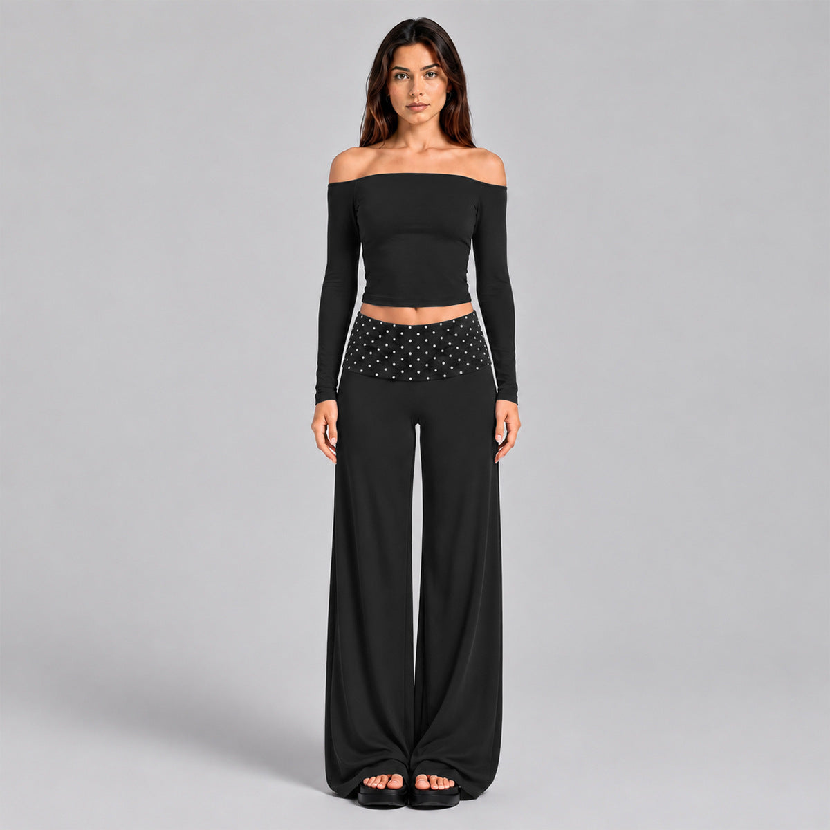 Wholesale Women’s Activewear Set | Color-Block Off-Shoulder Top & Polka Dot Workout Trousers | fouregg - 6049 Long Sleeve + 6181 Long Pants, Black
