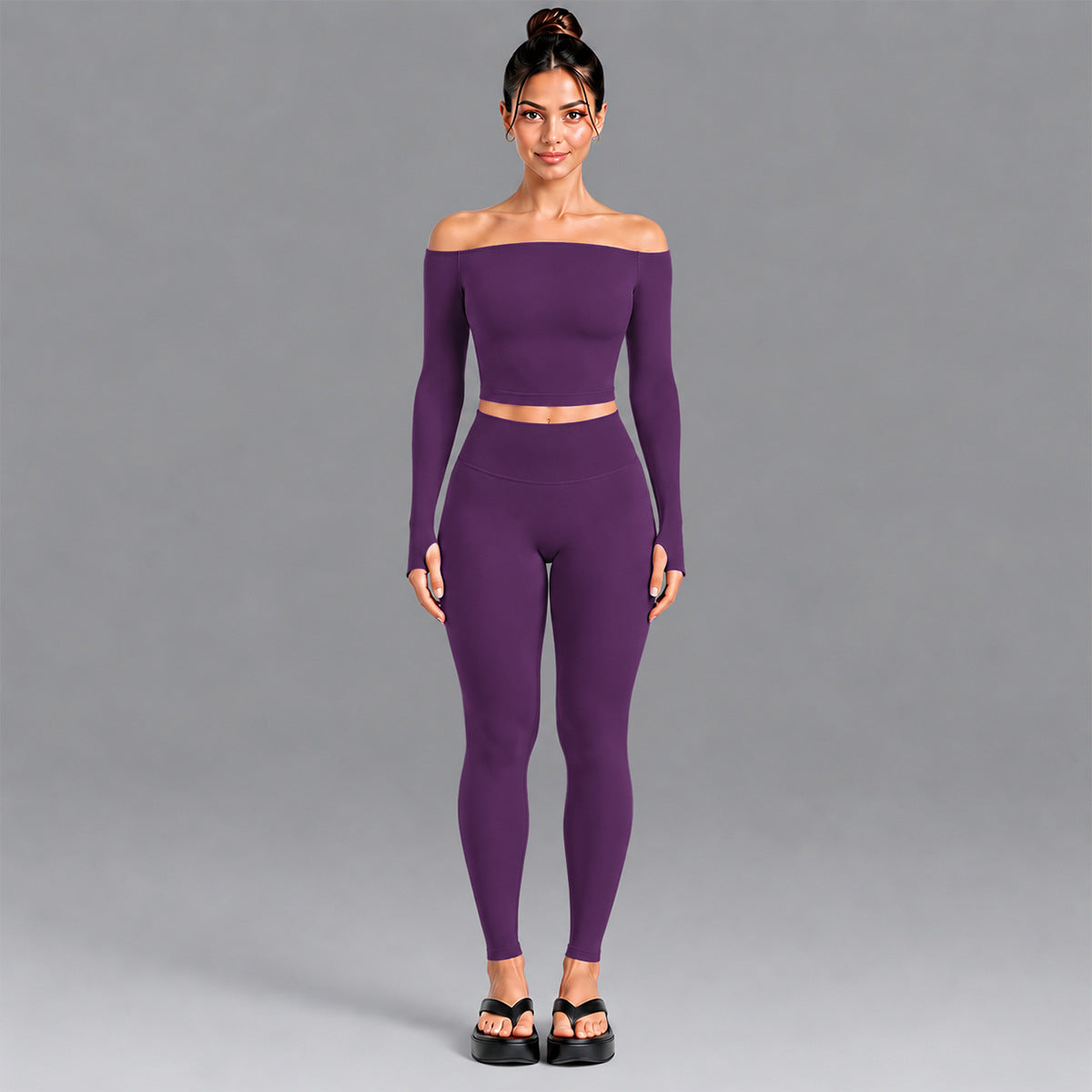 Wholesale Women’s Seamless Activewear Set | Slim-Fit Off-Shoulder Top & Peach-Lift Yoga Pants | fouregg - Long Sleeve + Pants Grape Purple