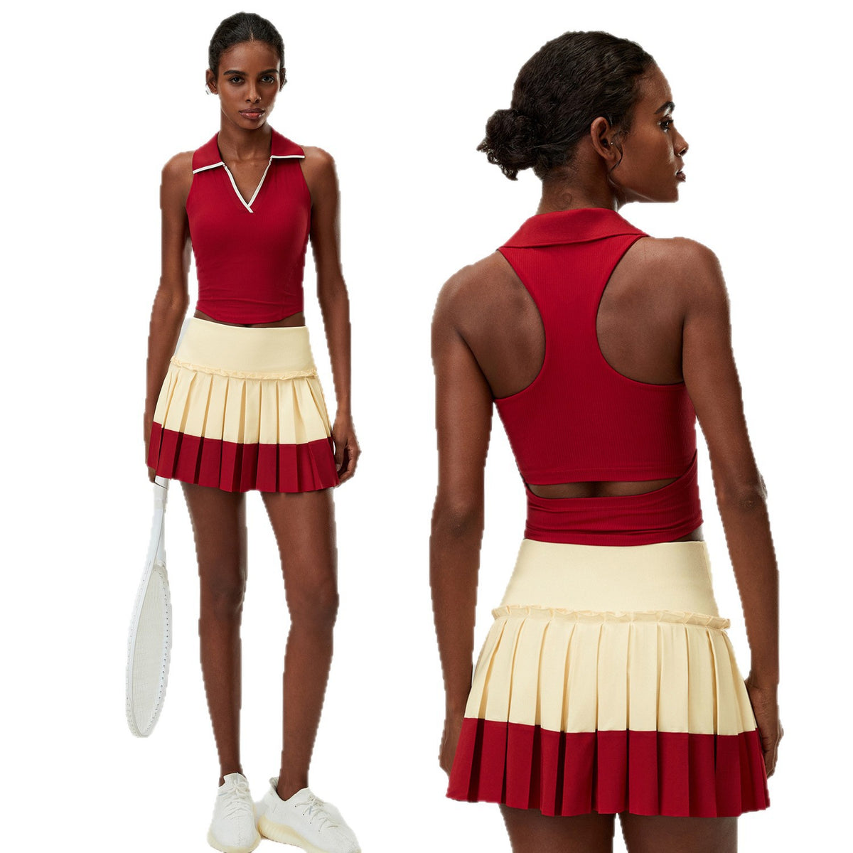 Wholesale Women's 2-Piece Sports Skirt Set | Cutout-Waist Tank Top & Puff-Edge Skirt | Quick-Dry Activewear | fouregg