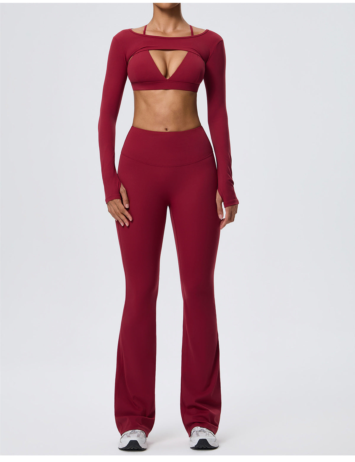 Wholesale Nude-Feel Activewear Set | Double-Brushed Bra, Butt-Lift Flare Pants & Cover-Up | fouregg