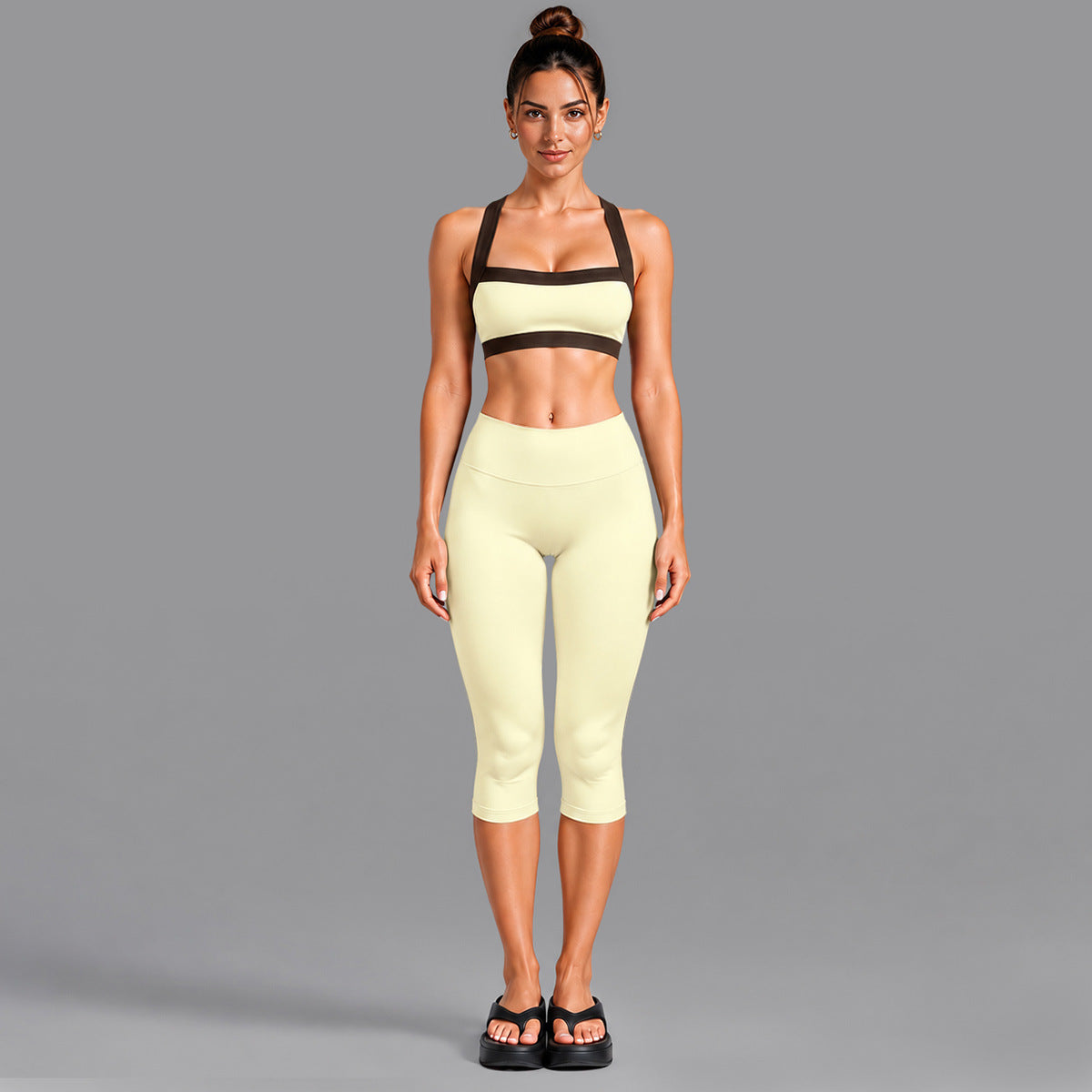Wholesale Women’s Activewear Set | Contrast-Color Yoga Bra & Pilates Fitness Pants | fouregg - 6231 Underwear + 1554 Mid-Length Pants Cream Yellow
