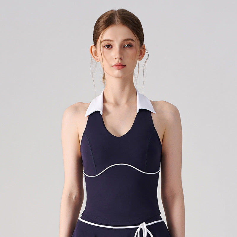 Wholesale Women’s Halter Polo Tank Top | Bulk Breathable Padded Yoga & Fitness Wear | fouregg - Navy Blue