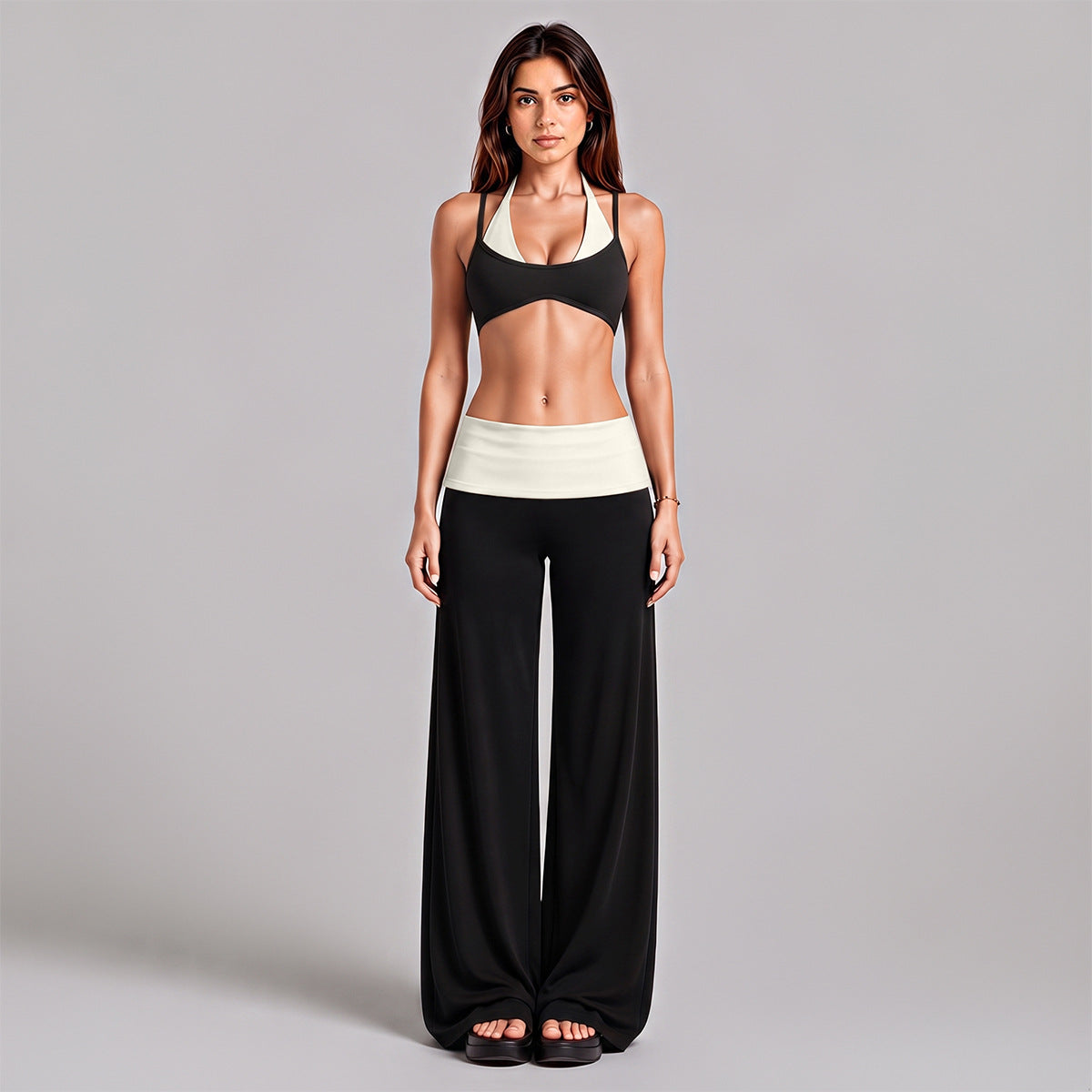 Wholesale Women’s Activewear Set | Backless Halter Bra & Color-Block High-Waisted Yoga Pants | fouregg - Underwear + Long Pants, Black