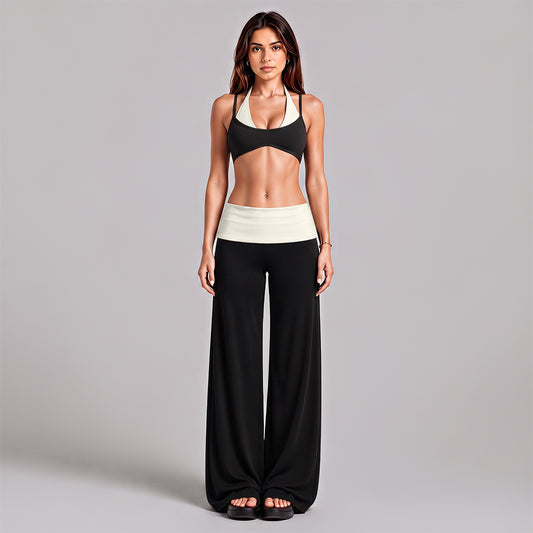 Wholesale Women’s Activewear Set | Backless Halter Bra & Color-Block High-Waisted Yoga Pants | fouregg - Underwear + Long Pants, Black