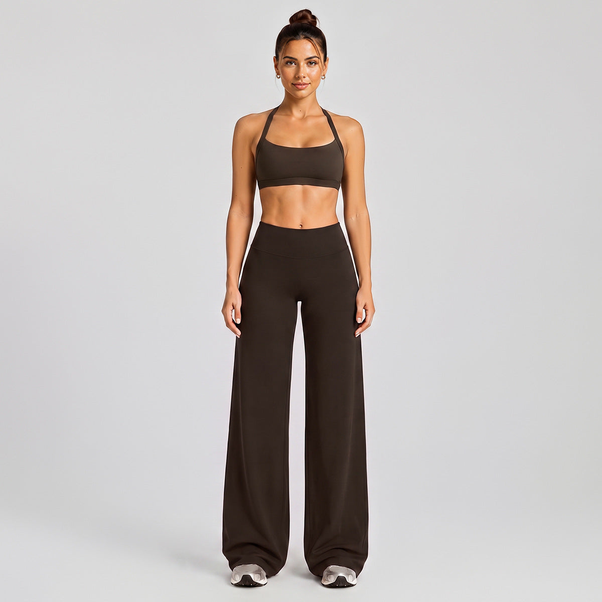 Wholesale Women’s Activewear Set | Halter Neck Sports Bra for Running, Cycling & Pilates | fouregg - Wide-Leg Long Set, Root Brown