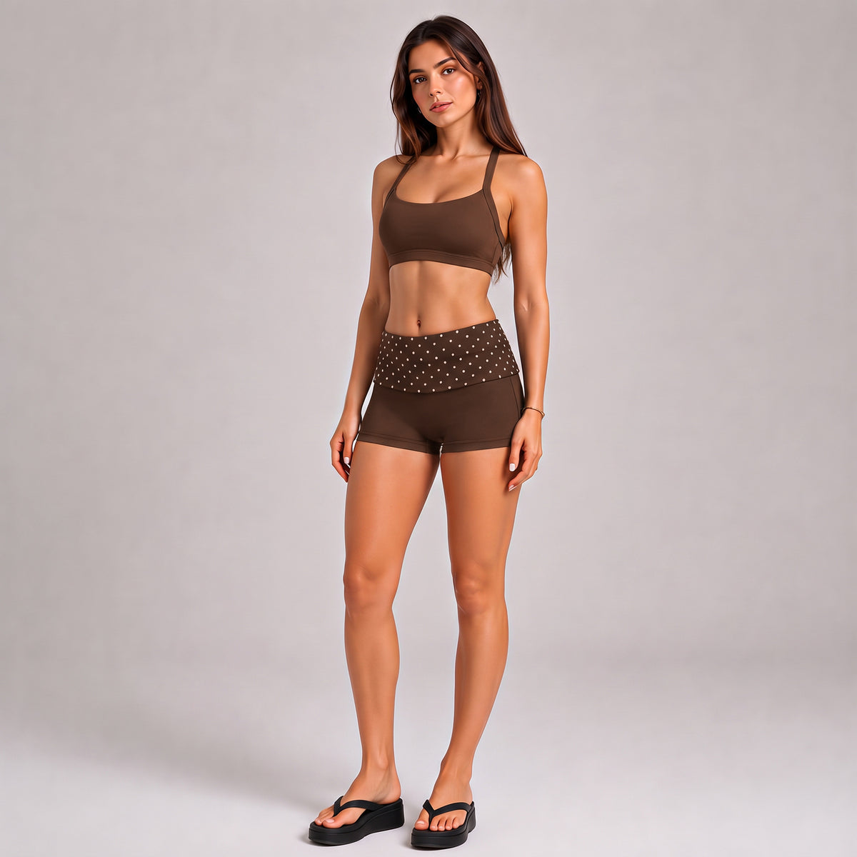 Wholesale Women’s Quick-Dry Activewear Set | Open-Back Halter Bra & Polka Dot Workout Pants | fouregg - Shorts + underwear, deep coffee brown
