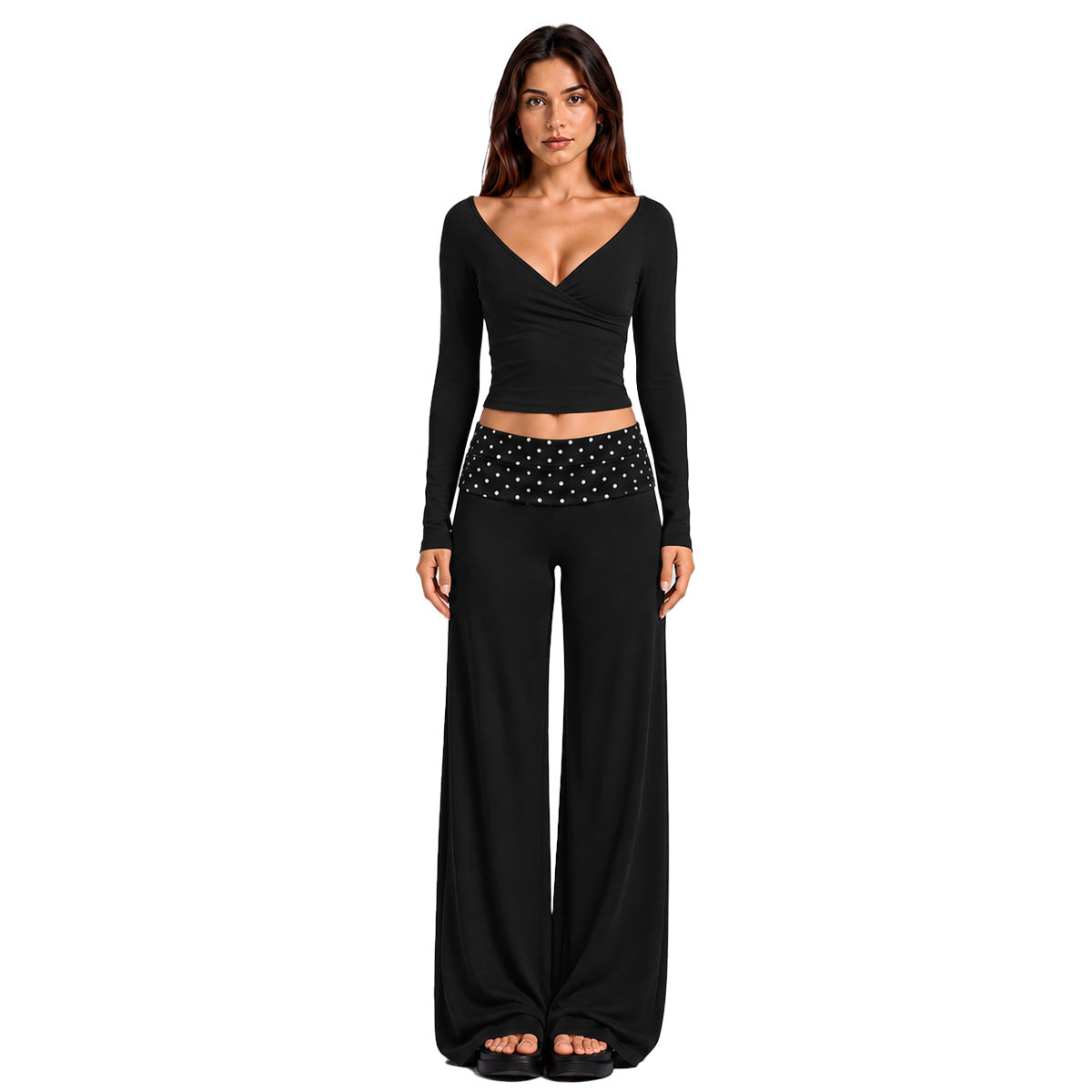 Wholesale Women’s Activewear Set | Color-Block Off-Shoulder Top & Polka Dot Workout Trousers | fouregg