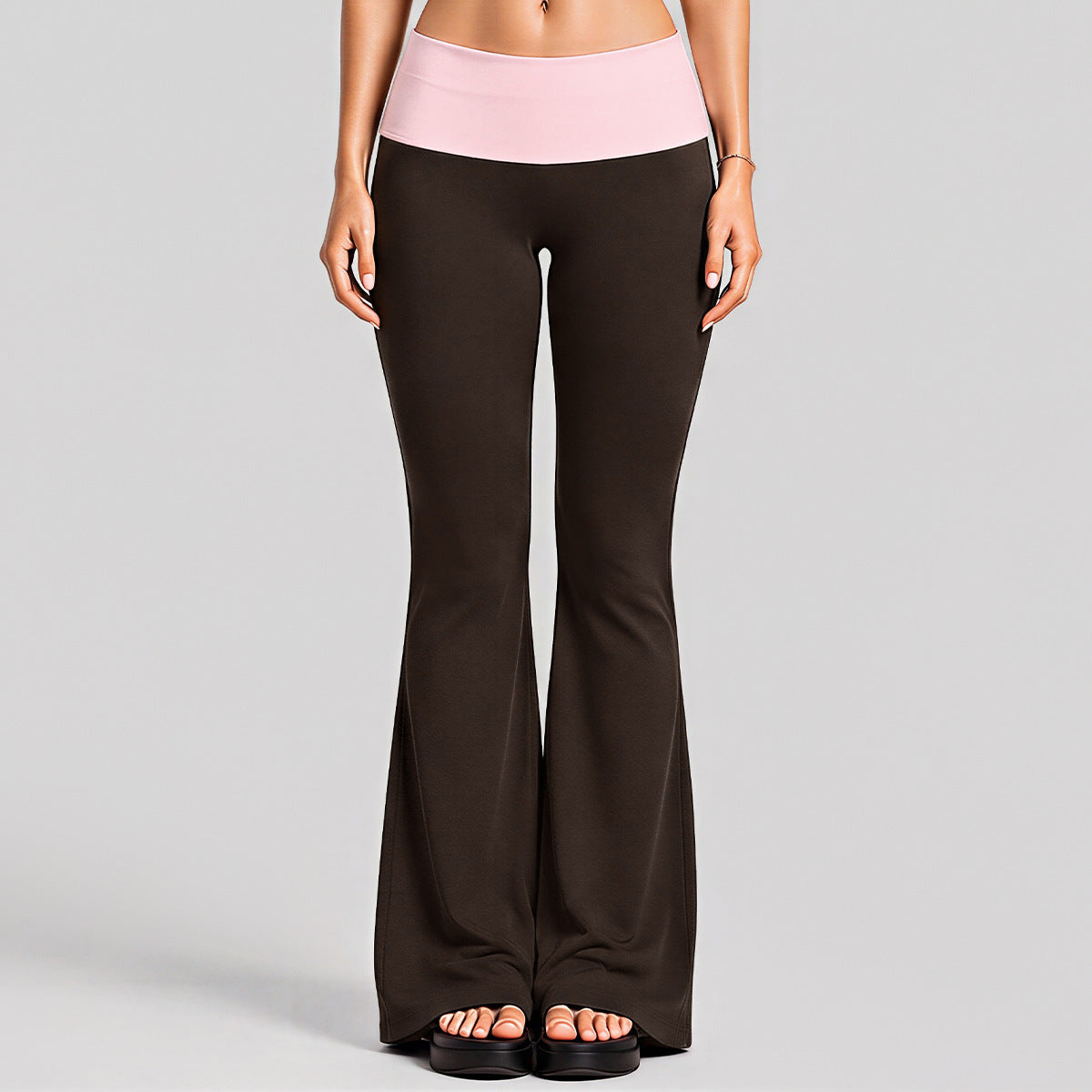 Wholesale Women’s Activewear Set | Faux-Layered Sports Bra & Quick-Dry Flared Yoga Pants | fouregg - 6188 Pants Root Brown/Pink