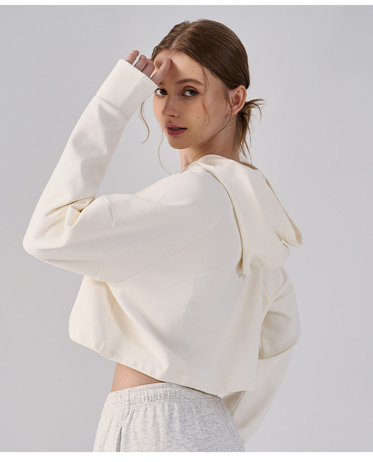 Wholesale Women’s Cropped Sweatshirt | Bulk Relaxed-Fit Hooded Workout Top | fouregg