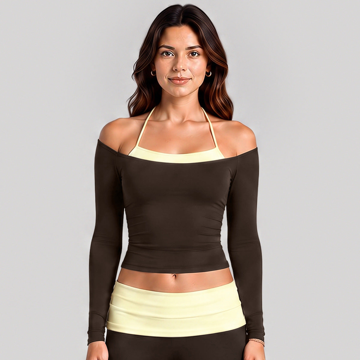 Wholesale Women’s Activewear Set | Long Sleeve Mock-Layer Halter Top & Straight-Leg Yoga Pants | fouregg - Long Sleeve Root Brown with Cream Yellow