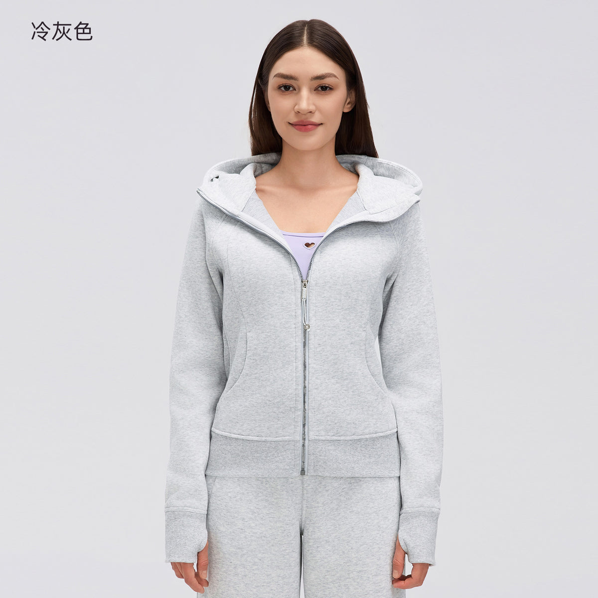 Wholesale Women’s Winter Workout Jacket D26115 | Warm Drawstring Waist Hooded Fitness Top | fouregg - Cool Gray