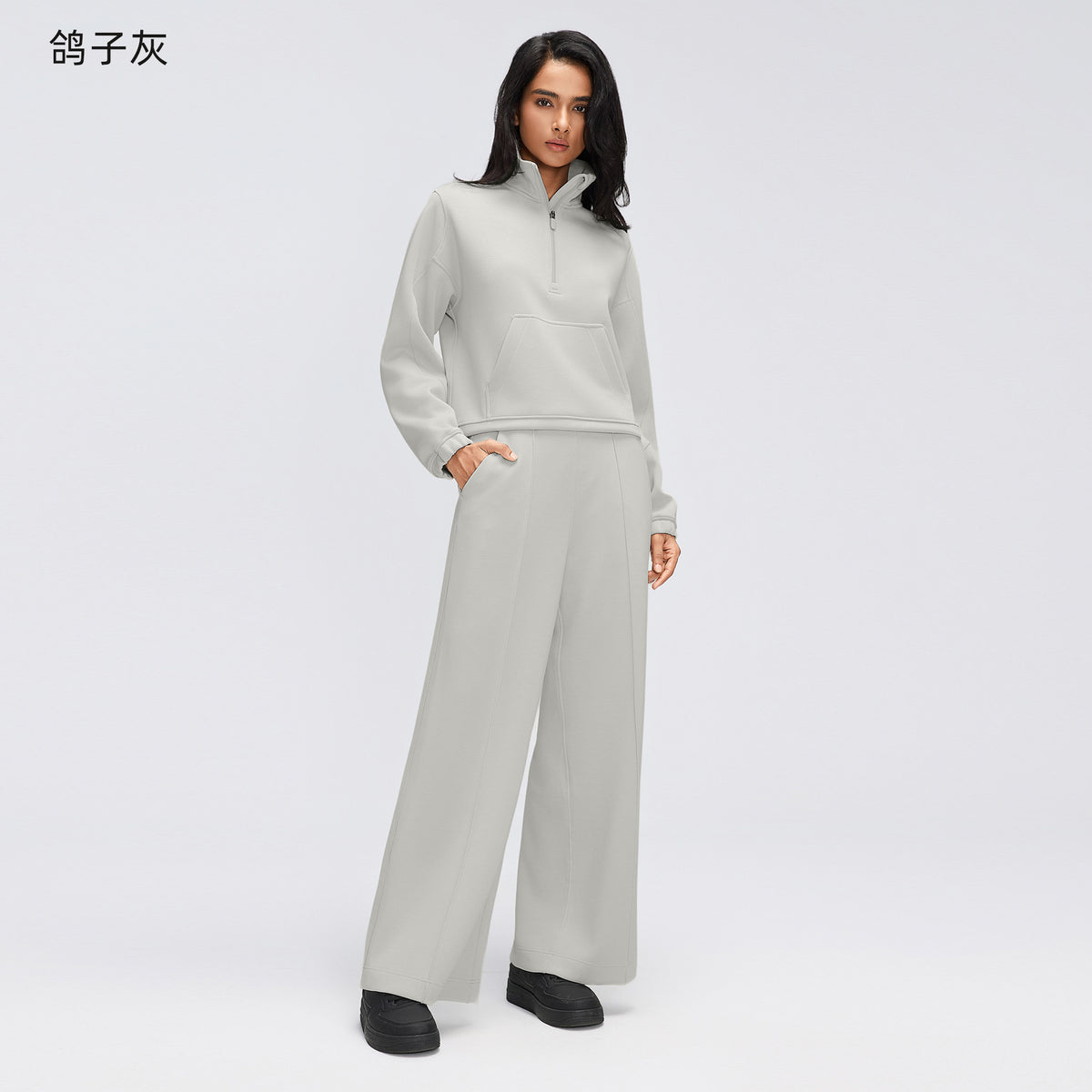 Wholesale Women’s Casual Activewear Set | Relaxed Cropped Sports Jacket & Straight-Leg Trousers | fouregg - Dove Gray D26158+D26159