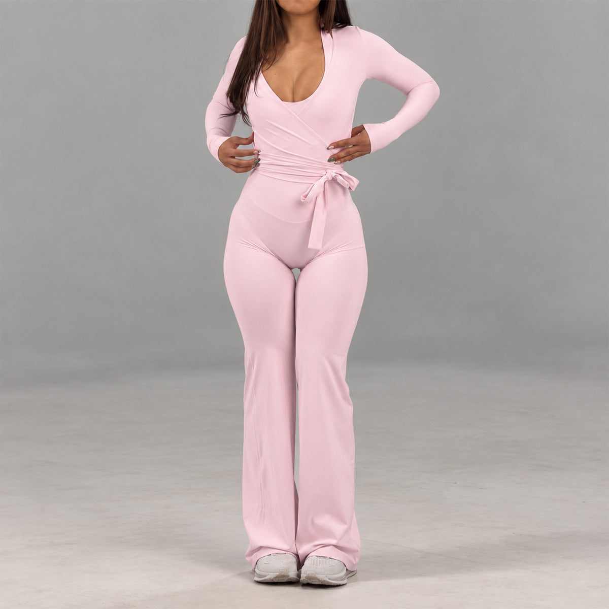 Wholesale Women’s Activewear Jumpsuit | Backless Quick-Dry Halter Flared Workout One-Piece | fouregg - 6277 Long Sleeve + Jumpsuit Pink
