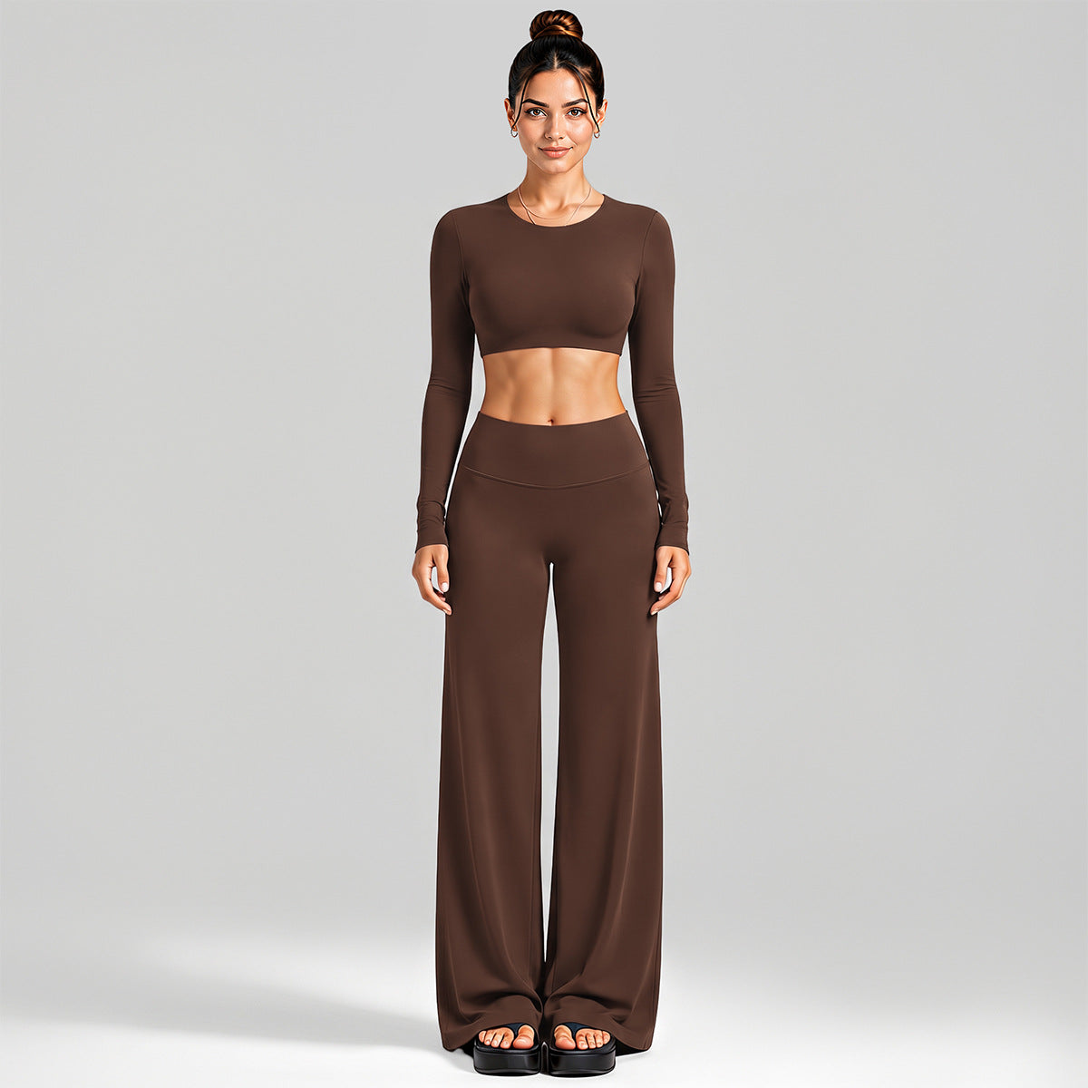 Wholesale Women’s Activewear Set | Cutout Back Long Sleeve Tee & High-Waisted Loose Pants | fouregg - Long Sleeve + Straight Pants Coffee Brown