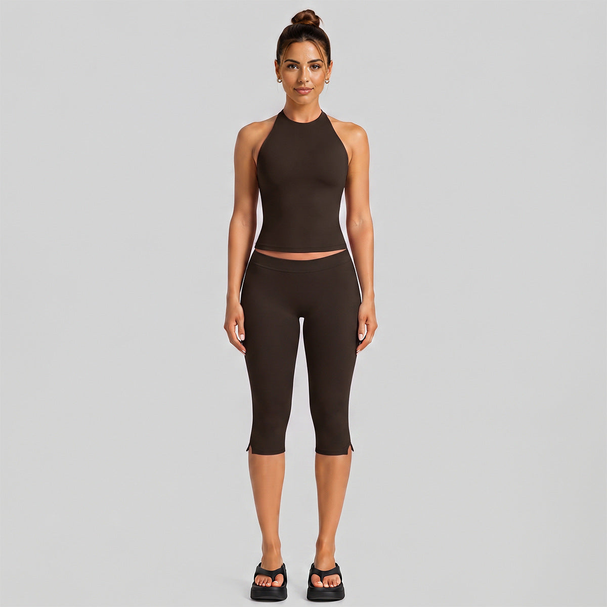 Wholesale Women’s Activewear Set | Halter Neck Workout Top & High-Stretch Pilates Leggings | fouregg - Mid-length Pants Set, Root Brown