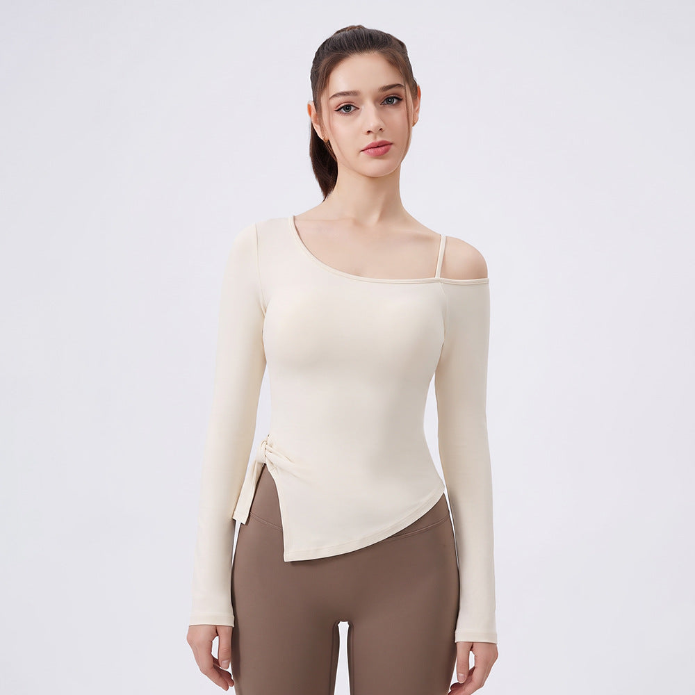Wholesale Women’s Bow-Detail Workout Top | Split-Hem Off-Shoulder Running & Yoga Activewear | fouregg