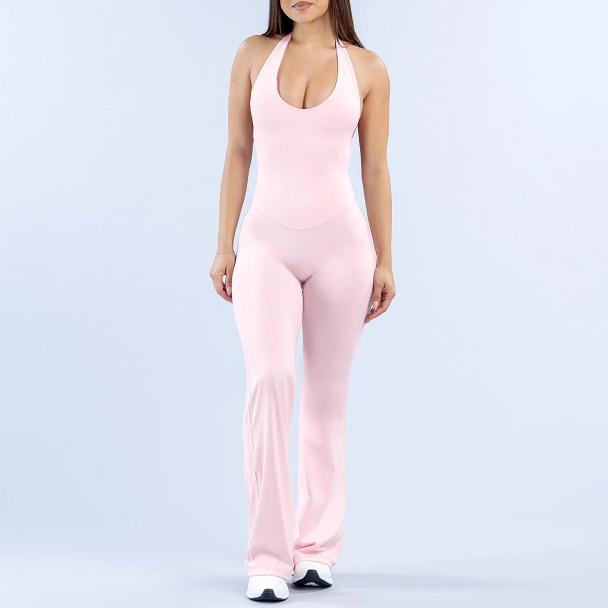 Wholesale Women’s Activewear Jumpsuit | Backless Quick-Dry Halter Flared Workout One-Piece | fouregg - 6277 Jumpsuit Pink