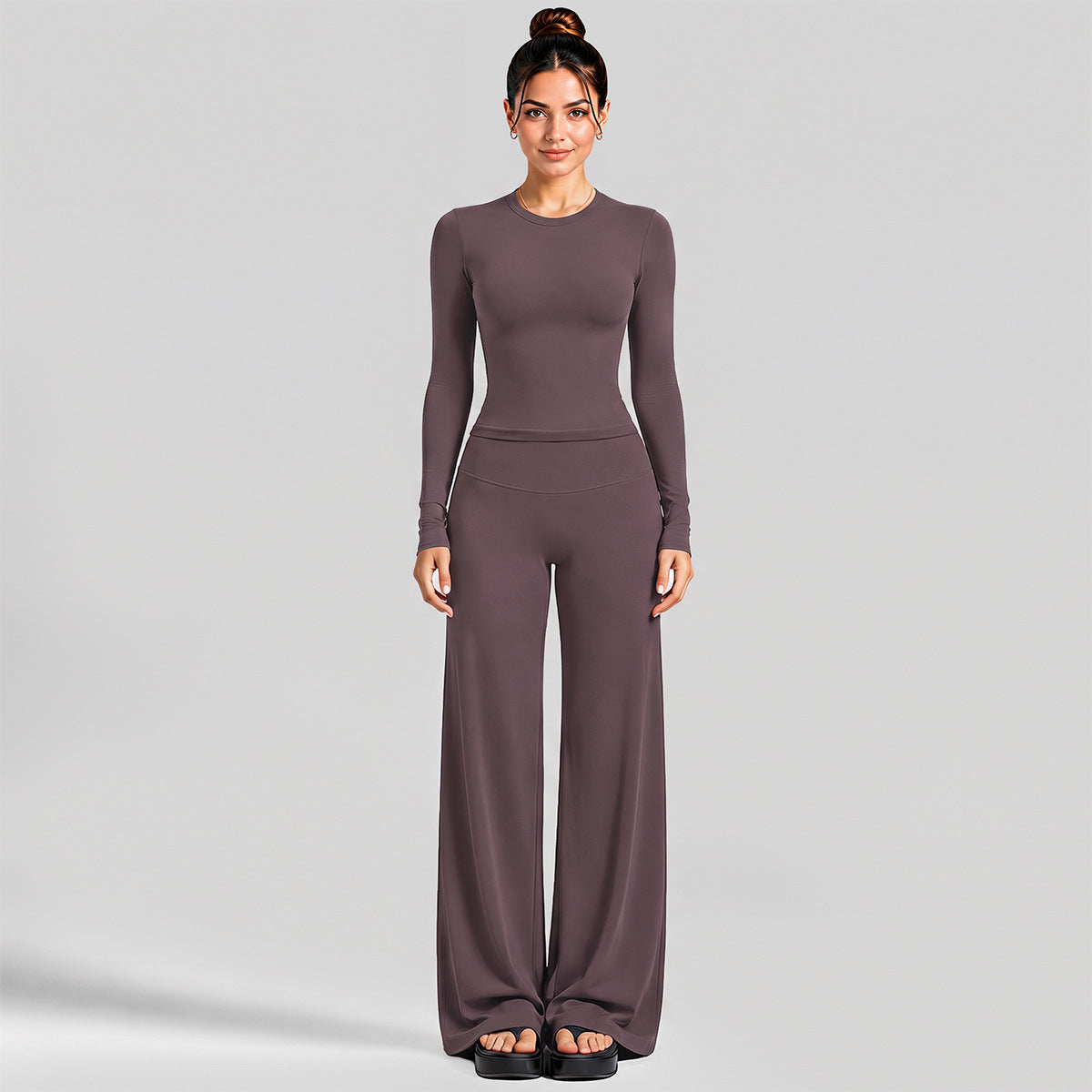 Wholesale Women’s Activewear Set | Fitted Long Sleeve Tee & Loose Straight-Leg Workout Trousers | fouregg - Long Sleeve + Straight-Leg Pants, Dark Brown