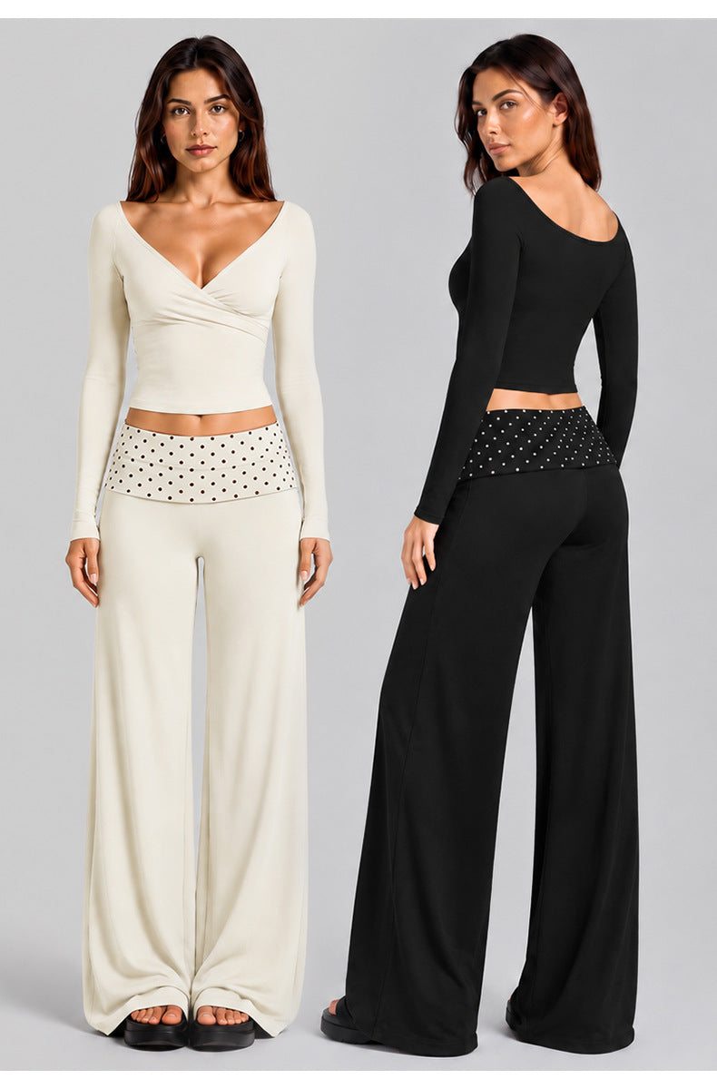 Wholesale Women’s Activewear Set | Color-Block Off-Shoulder Top & Polka Dot Workout Trousers | fouregg