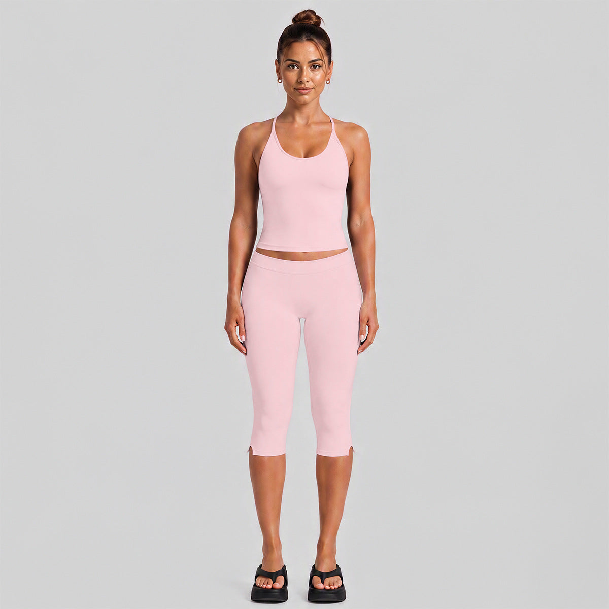 Wholesale Women’s Fitness Set | Backless Halter Sports Top & 3/4-Length Workout Pants | fouregg - Pink