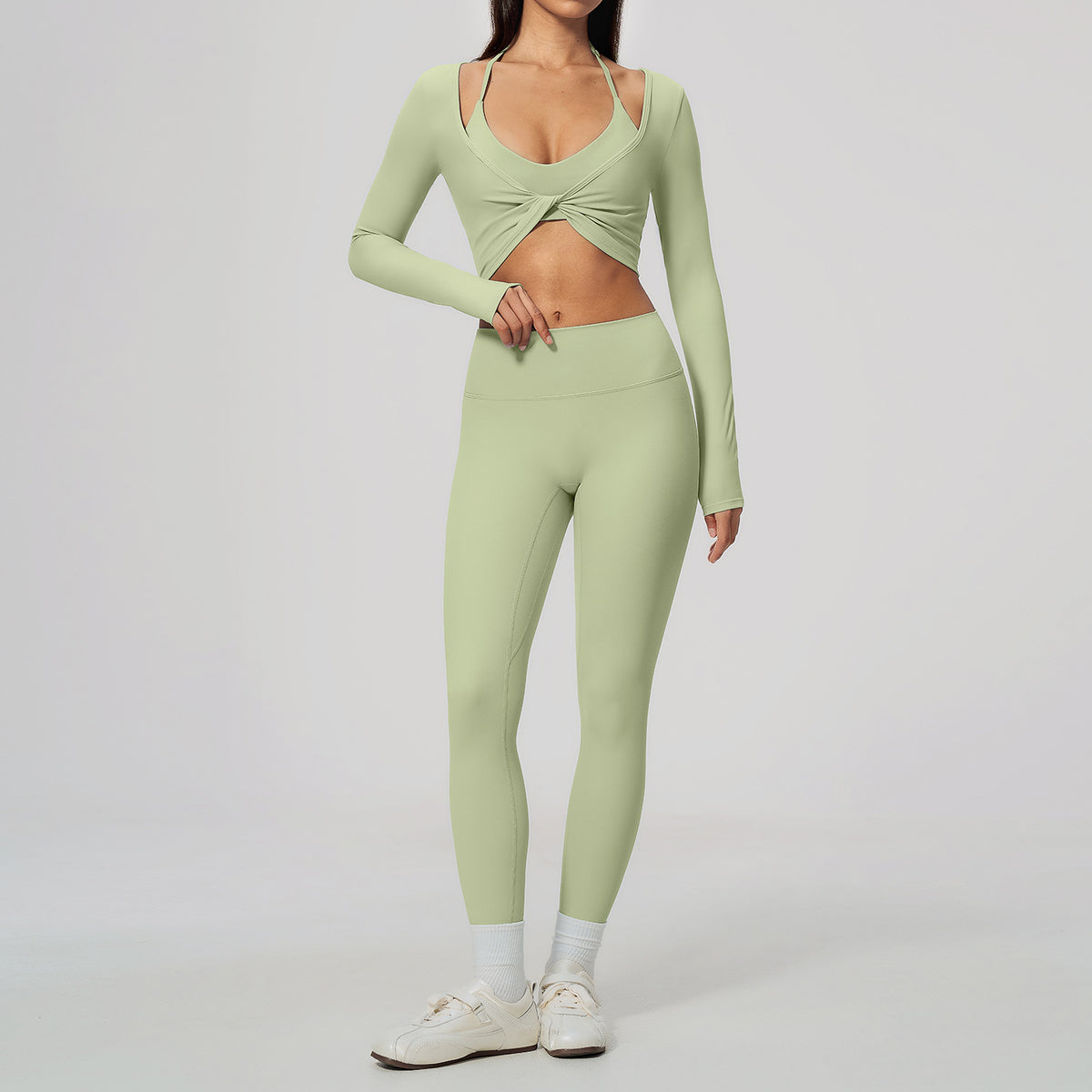 Wholesale Women’s Brushed Activewear Set 5529 | Slim-Fit Halter, Stand-Collar Jacket & Sculpting Pants | fouregg - 5529 Bra + 8519 Pants + 5529-1 Long Sleeve, Misty Green
