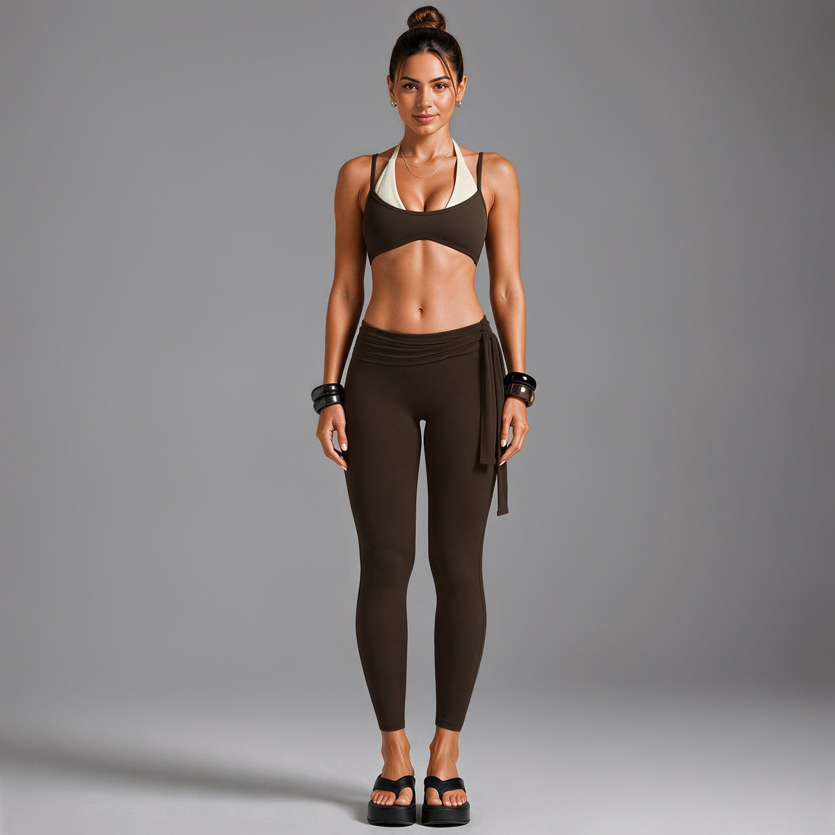 Wholesale Women’s Open-Back Activewear Set | Halter Yoga Bra & Ballet-Style Tie-Waist Pants | fouregg - Underwear + long pants, root brown
