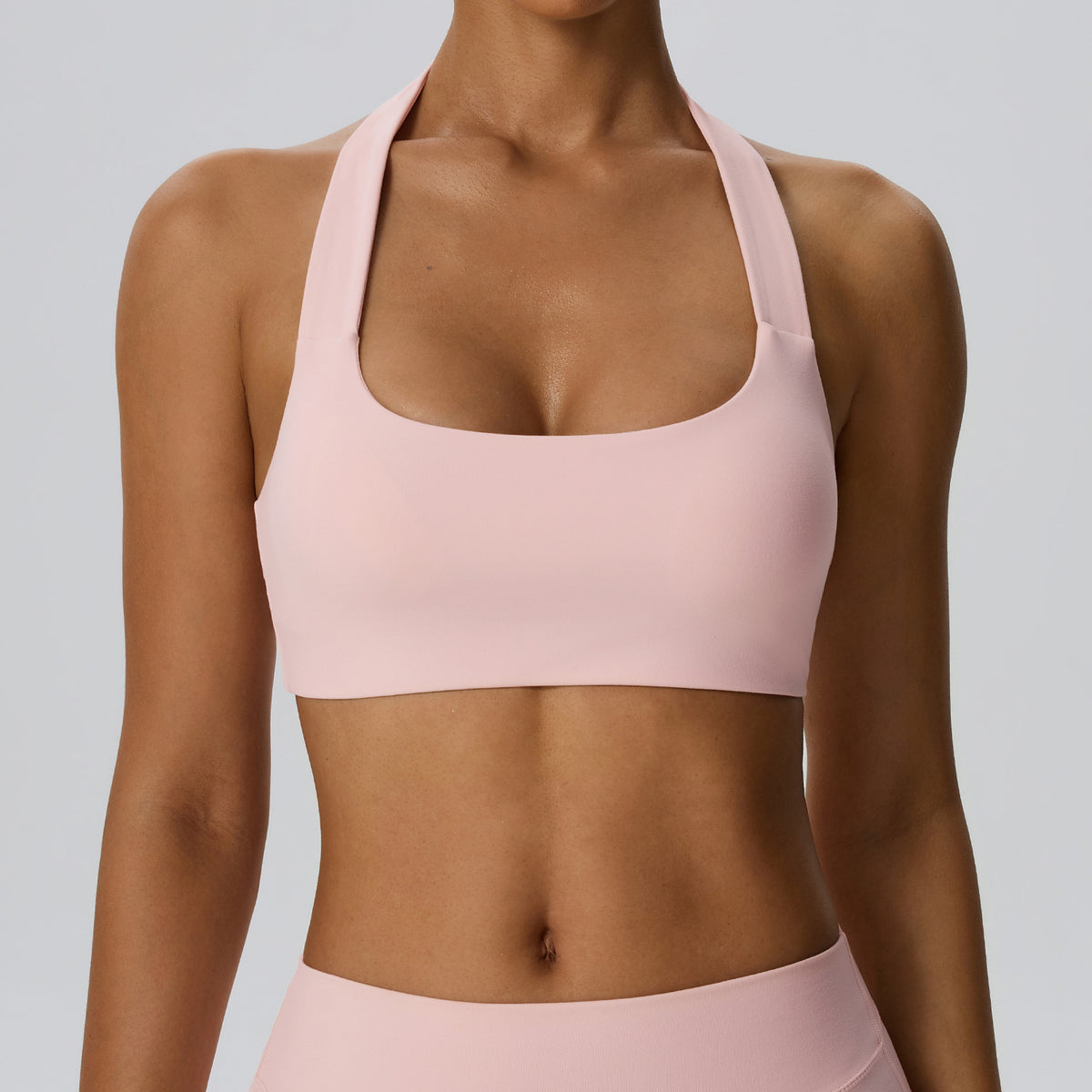 Wholesale Women’s Double-Brushed Sports Bra | Bulk Open-Back Halter Fitness Top 62768 | fouregg - Dusty Pink