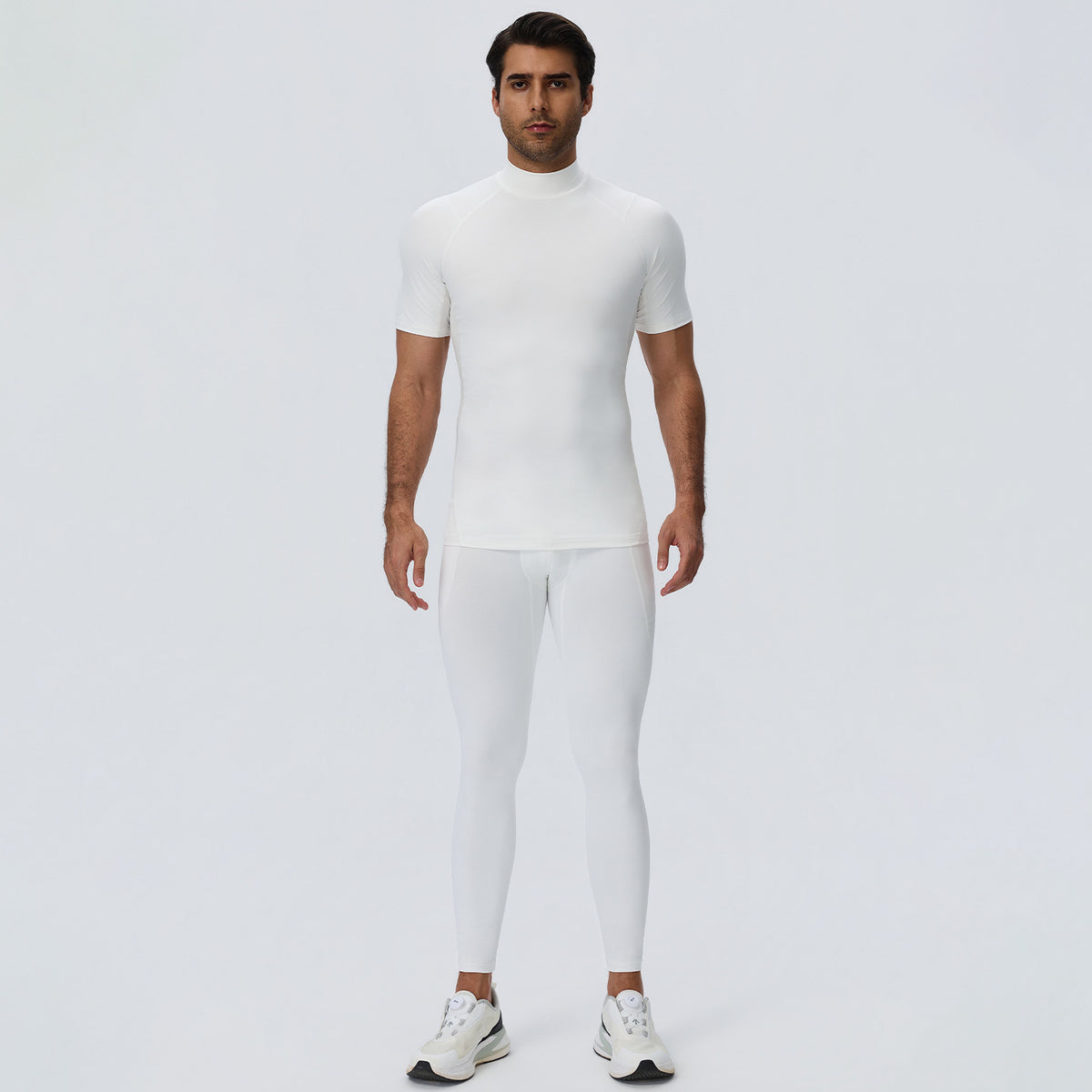 Wholesale Men’s Sculpting Workout Set | High-Stretch T-Shirt & Slim-Fit Fitness Pants | fouregg - White