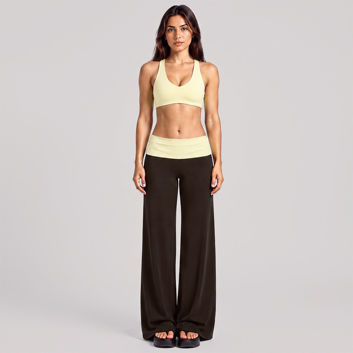 Wholesale Women’s Activewear Set | High-Support Racerback Bra & Color-Block Workout Leggings | fouregg - Underwear + Pants, Cream Yellow